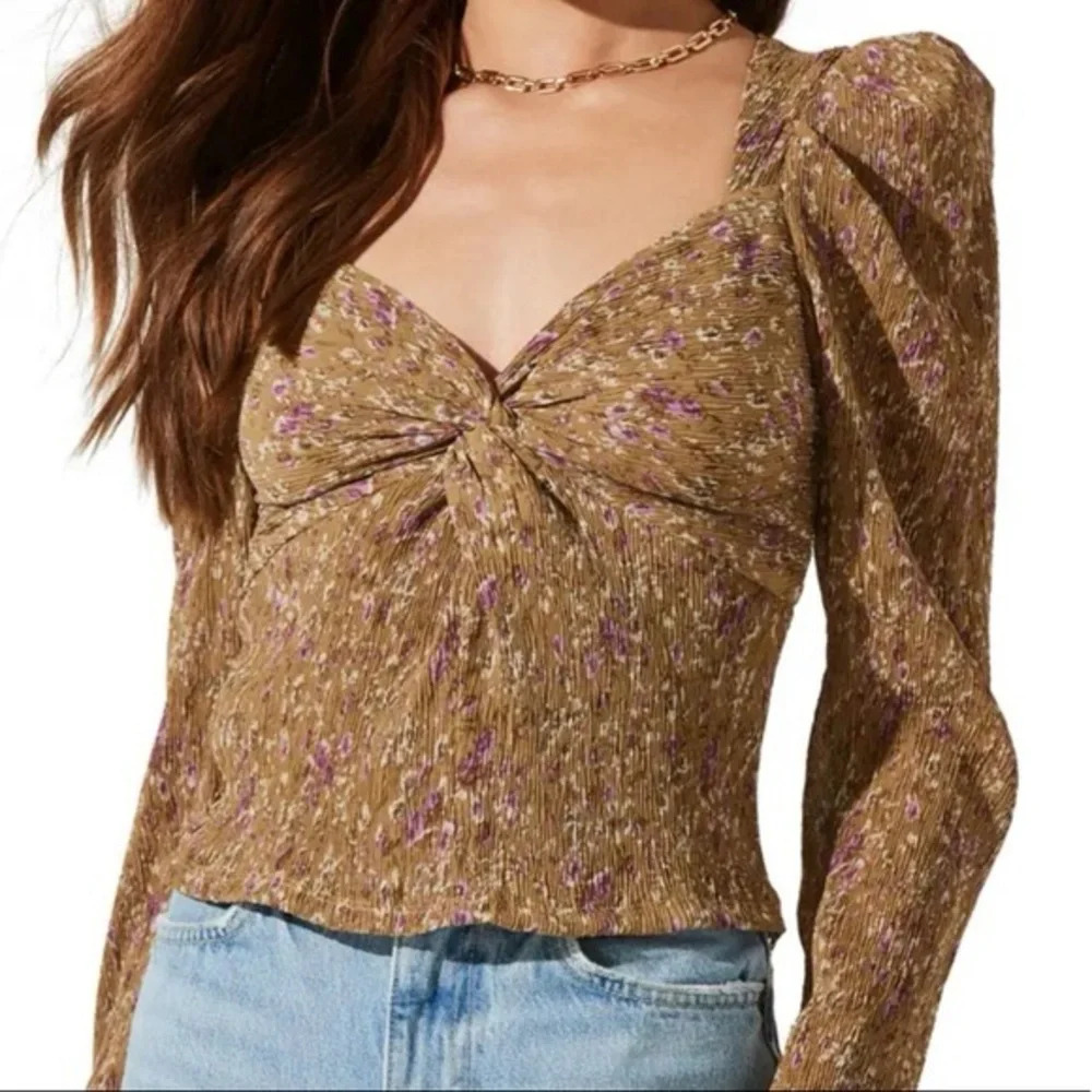 Astr Brown Floral Twist-Front Long-Sleeve Blouse with Purple Accents